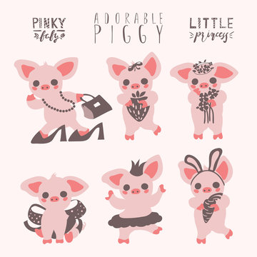 Cute pig set. Piggy girl funny, adorable collection. Graphic print set, stickers, emoji. Piglet with strawberry, flowers, bow, ballerina, carrot, bag. Little princess pig