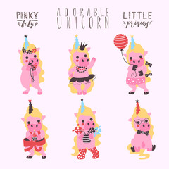 Cute little unicorns set, collection. Pinky, girly unicorn baby with flowers, ballerina, with balloon, cake in boots and hipster unicorn. Pinky baby, little princess lettering (typography)