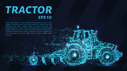 The tractor which consists of points. Particles in the form of a tractor on a dark background. Vector illustration. Graphic concept of the agricultural business. © newrossosh