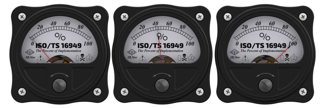 ISO/TS 16949:2009. Analog indicator showing the level of implementation "ISO/TS 16949:2009" (applies to the design (development), production, installation and servicing of automotive-related products)