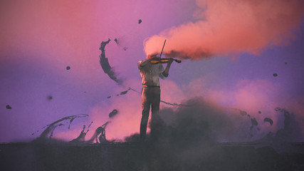 surreal concept of the mystery musician with colored smoke playing a violin, digital art style, illustration painting - obrazy, fototapety, plakaty