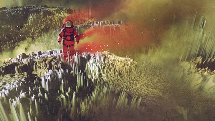 Fototapeta premium surreal sci-fi concept of the red astronaut walking on surface of planet, digital art style, illustration painting