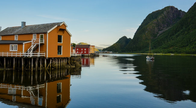 Colourful picturesque wooden houses in Sjogata, Mosjoen, Nordland, Northern Norway