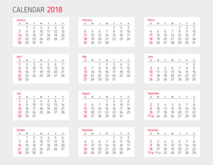Calendar 2018 year template. Starts on sunday