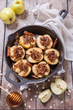 Baked Apple With Nuts, Honey And Oat Flakes