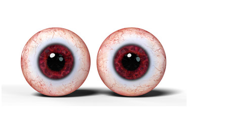 two realistic human eyes with red iris, isolated with shadow on white background