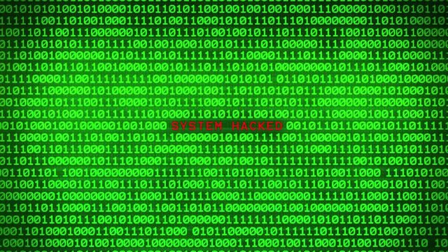 Wall of Green Binary Code Revealing  SYSTEM HACKED Word Between Random Binary Data Matrix Background