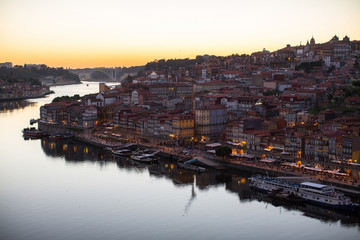 Fototapeta na wymiar Douro river and Ribeira from Dom Luis I bridge at night, Porto, Portugal.