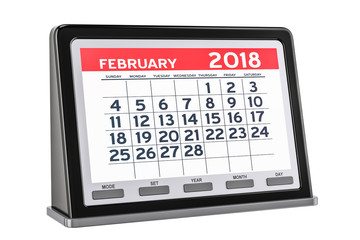 February 2018 digital calendar, 3D rendering