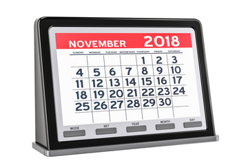 November 2018 digital calendar, 3D rendering