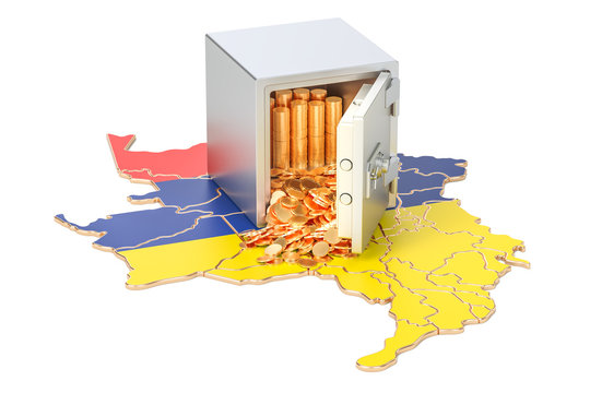 Safe box with golden coins on the map of Colombia, 3D rendering