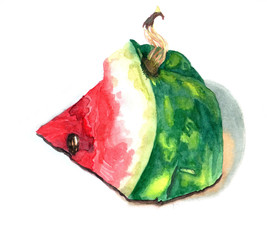 Watercolor watermelon slice with tail and seed