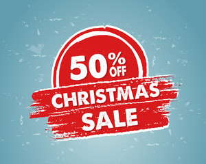 50 percent off christmas sale in red drawn banner, vector