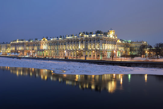 Winter Palace, State Hermitage. River Neva. New Year's St. Petersburg. Russia.