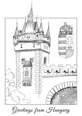 Postcard "greetings from Hungary". The image of the old tower and the national coat of arms of Hungary. The sketch marker. Vector