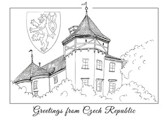 Postcard "Greetings from the Czech Republic". View of the Konopiste Castle. With the emblem. The sketch marker. Vector
