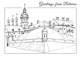 Postcard "Greetings from Belarus". The view of the castle of Nesvizh. The sketch marker. Vector