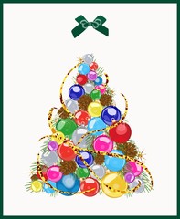 Christmas tree made up of Christmas balls, cones. Vector illustration