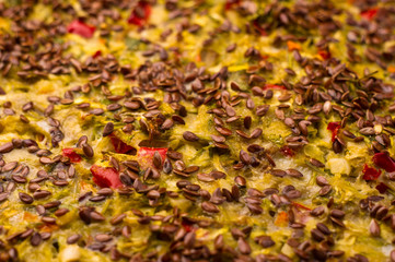 vegetable casserole with cheese, zucchini, Basil, red pepper and flax seed