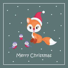 Fototapeta premium Christmas greeting card with the image of the little cute fox. Vector illustration.
