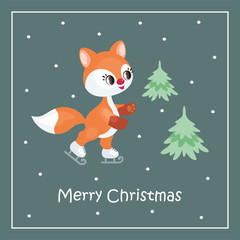 Fototapeta na wymiar Christmas greeting card with the image of the little cute fox. Vector illustration.