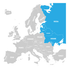 Obraz premium Former Union of Soviet Socialist Republics, USSR, Russia, Ukraine, Belarus, Estonia, Latvia, Lithuania and Moldova blue highlighted in the political map of Europe. Vector illustration.