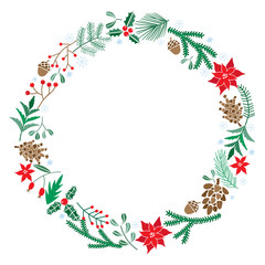Fototapeta na wymiar Chriatmas wreath with berries, fir branches. Round frame for winter design. Vector background