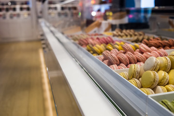 Macaroons Colorful traditional french sweets macarons in a shop