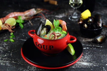 суп с рисовой лапшой и морепродуктами в красной кастрюле © lenakorzh