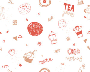 Seamless coffee and tea party pattern with geometry shapes in modern line style with cups on white background