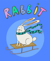 The cute rabbit rides on sleigh. Vector hand drawn illustration.