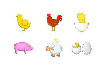 Domestic animals icon set, cartoon style