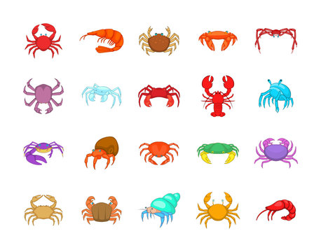 Crab icon set, cartoon style