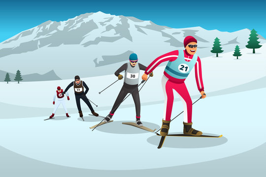 Cross Country Skiing Athletes Competing Illustration