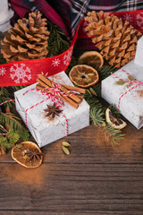 Christmas background with decorations and gift boxes