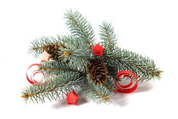 Obraz na płótnie Canvas Pine branch with cones and paper decorations isolated on white background