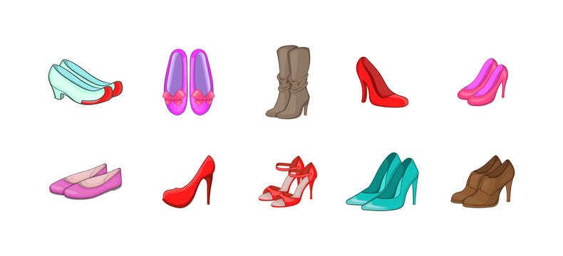 Woman Shoes Icon Set, Cartoon Style