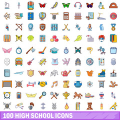 100 high school icons set, cartoon style 