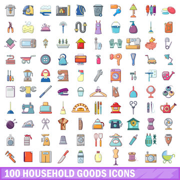 100 household goods icons set, cartoon style 