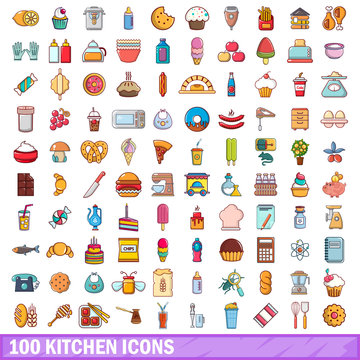 100 kitchen icons set, cartoon style 