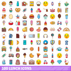 100 lunch icons set, cartoon style 