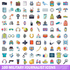 100 military journalist icons set, cartoon style 