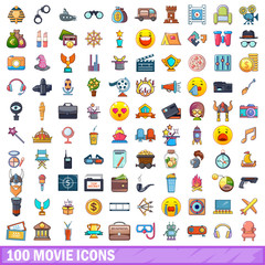100 movie icons set, cartoon style 