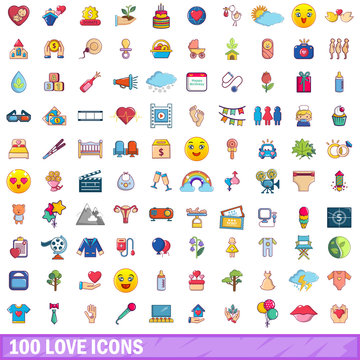 100 love icons set, cartoon style 
