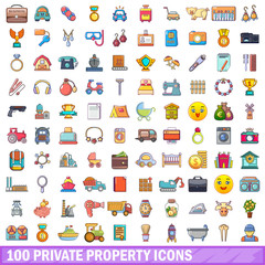 100 private property icons set, cartoon style 