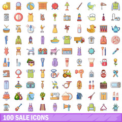 100 sale icons set, cartoon style 