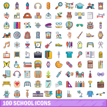 100 school icons set, cartoon style 