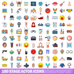 100 stage actor icons set, cartoon style 