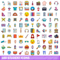 100 student icons set, cartoon style 