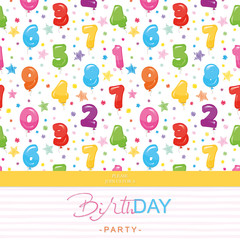 Birthday party invitation card for kids. Included seamless pattern with glossy colorful balloon numbers.